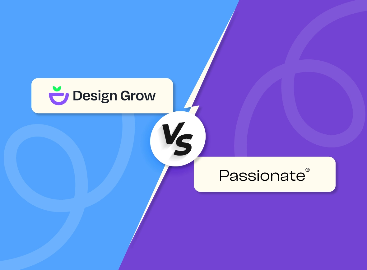 This comparison image contrasts the offerings of Design Grow with Passionate Design Agency, focusing on flexibility, turnaround, and design output.