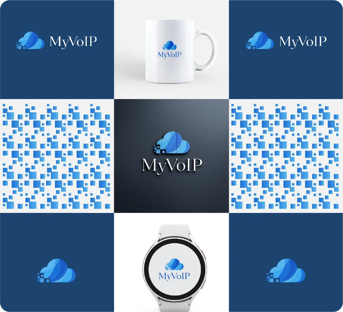 Design Grow designed the logo and visual identity for My VoIP with a tech-forward and modern design style.